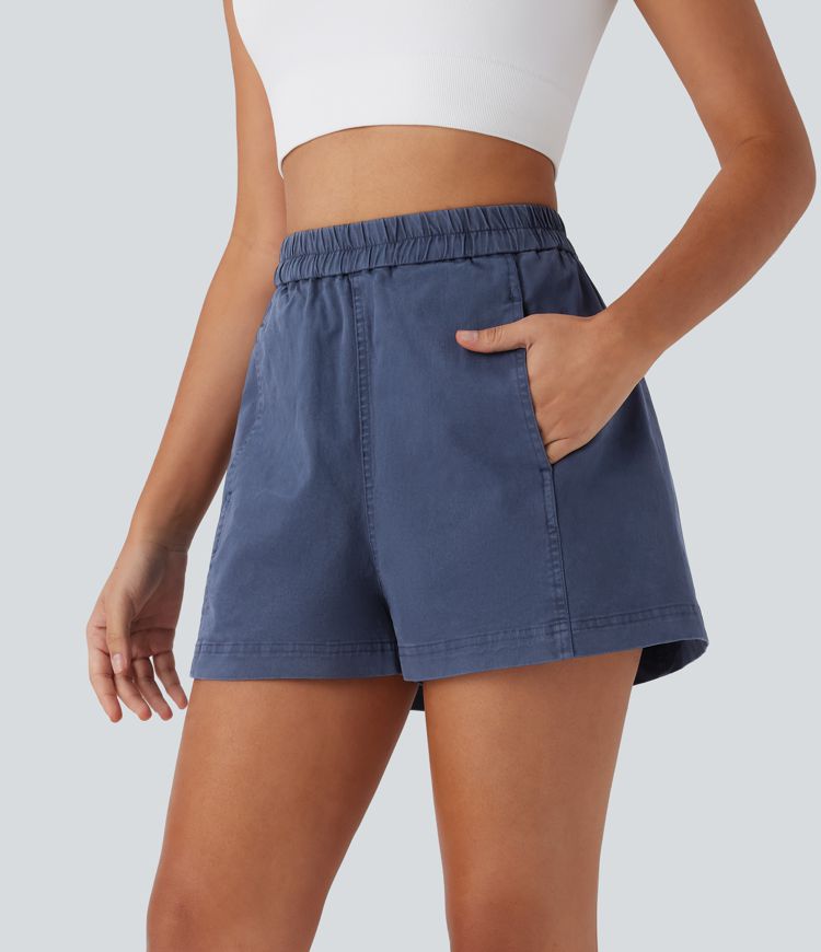 High Waisted Side Pocket Washed Casual Cotton Shorts