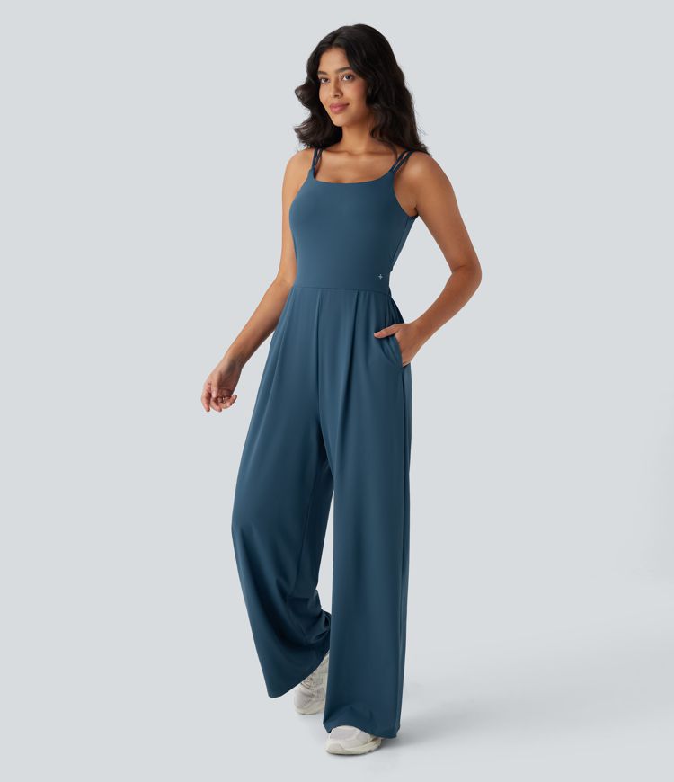 Softlyzero™ Airy Double Straps Backless Twisted Side Pocket Cool Touch Yoga Jumpsuit-Easy Peezy Edition