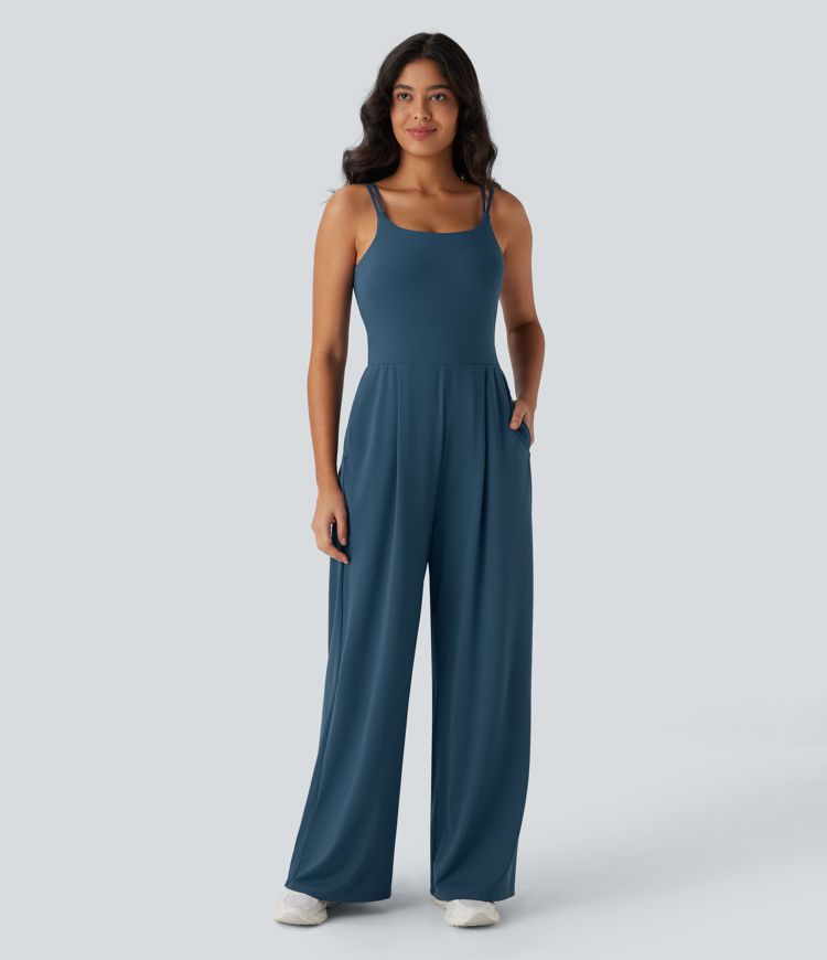 Softlyzero™ Airy Double Straps Backless Twisted Side Pocket Cool Touch Yoga Jumpsuit-Easy Peezy Edition