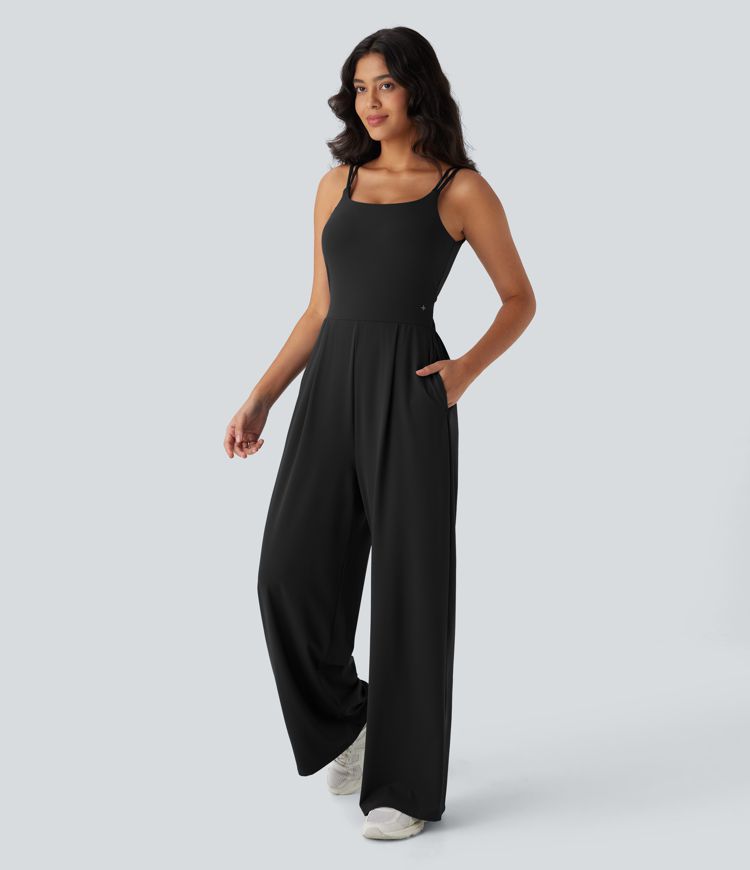 Softlyzero™ Airy Double Straps Backless Twisted Side Pocket Cool Touch Yoga Jumpsuit-Easy Peezy Edition