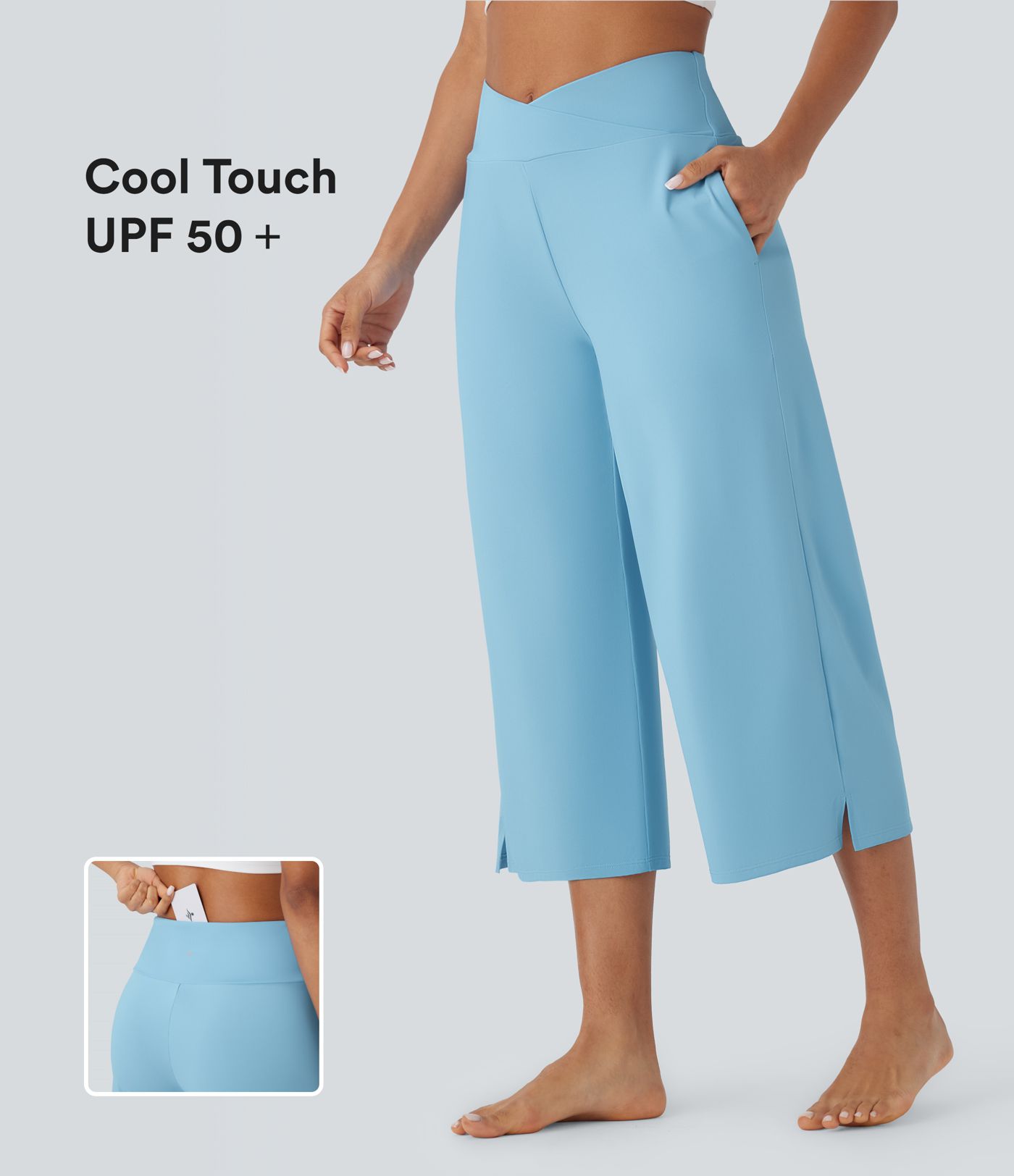 Pantalon corsaire de yoga croisé taille haute multiples poches avec fentes toucher frais - UPF50+