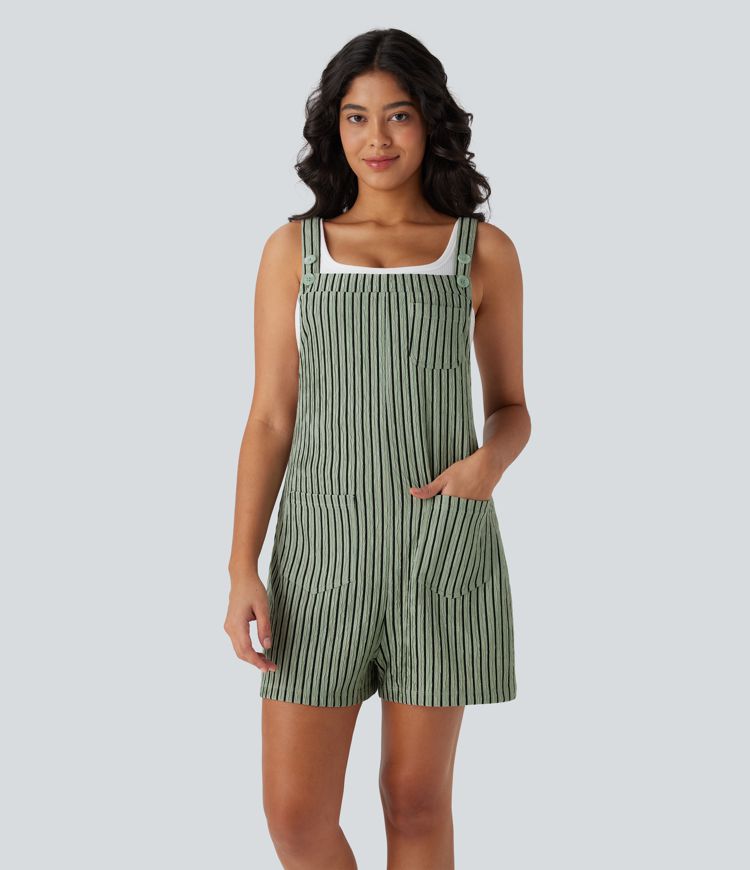 Adjustable Strap Button Multiple Pockets Stripe Casual Overalls