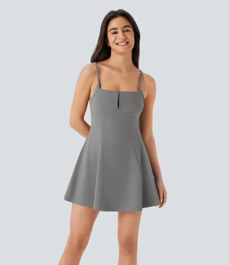 Square Neck Hook 2-Piece Pocket Mini Casual Slip Dress