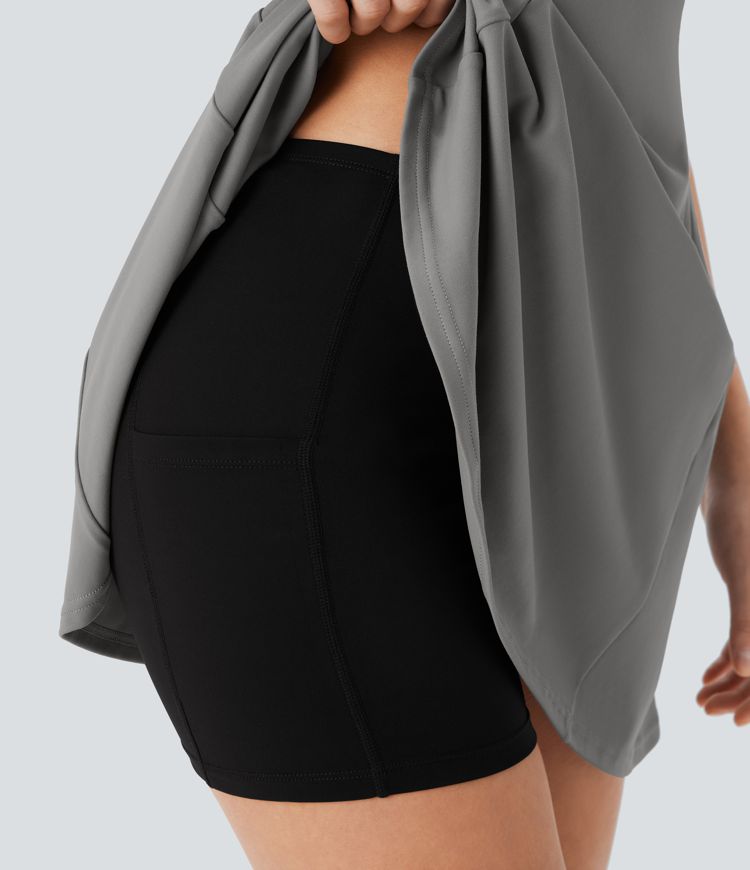 Mini Vestido  2 piezas bolsillo lateral cuello cuadrado correa ajustable gancho