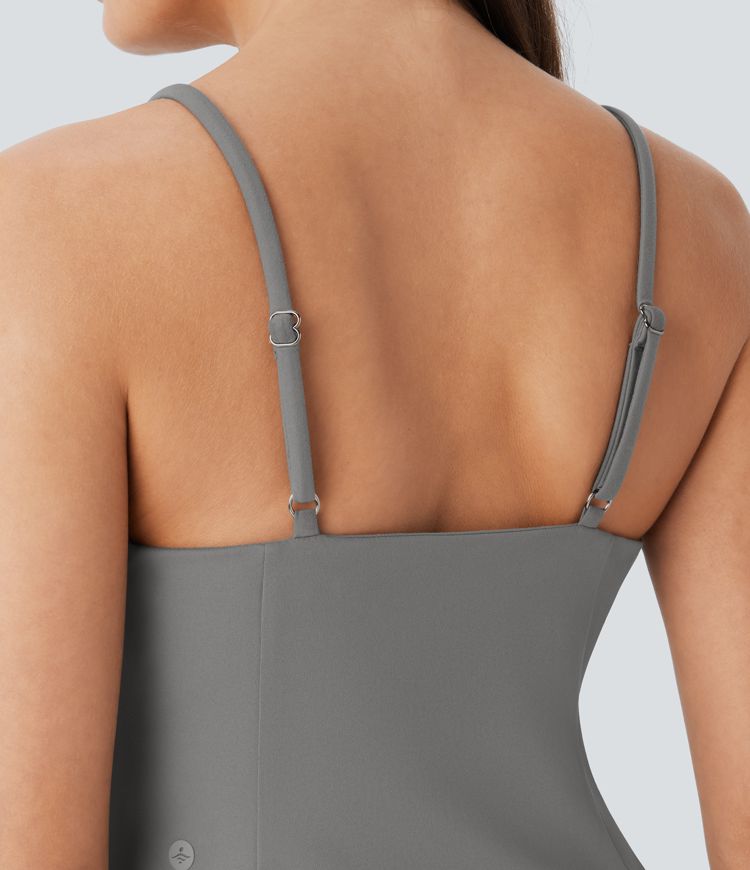 Mini Vestido  2 piezas bolsillo lateral cuello cuadrado correa ajustable gancho