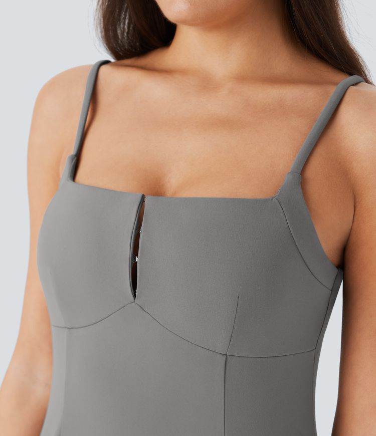 Mini Vestido  2 piezas bolsillo lateral cuello cuadrado correa ajustable gancho