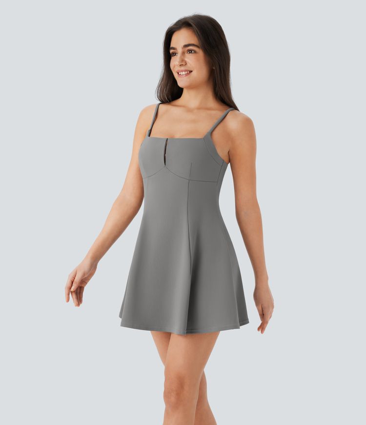 Mini Vestido  2 piezas bolsillo lateral cuello cuadrado correa ajustable gancho