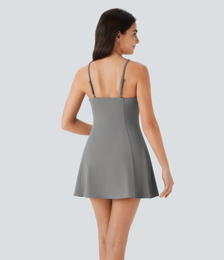 Mini Vestido  2 piezas bolsillo lateral cuello cuadrado correa ajustable gancho