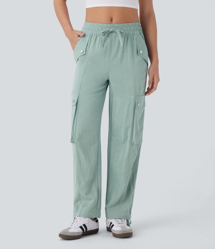 Pantalón cargo tiro medio múltiple bolsillo dobladillo cordón