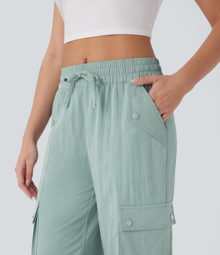 Mid Rise Pockets Drawstring Hem Cargo Casual Pants