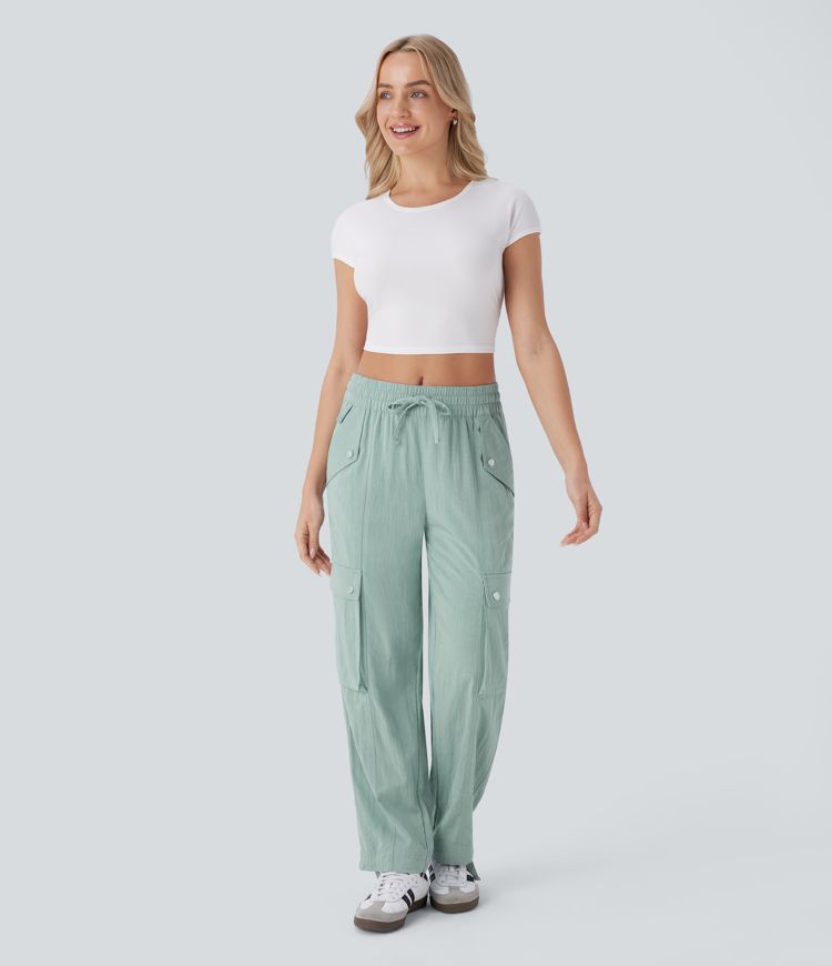 Mid Rise Pockets Drawstring Hem Cargo Casual Pants