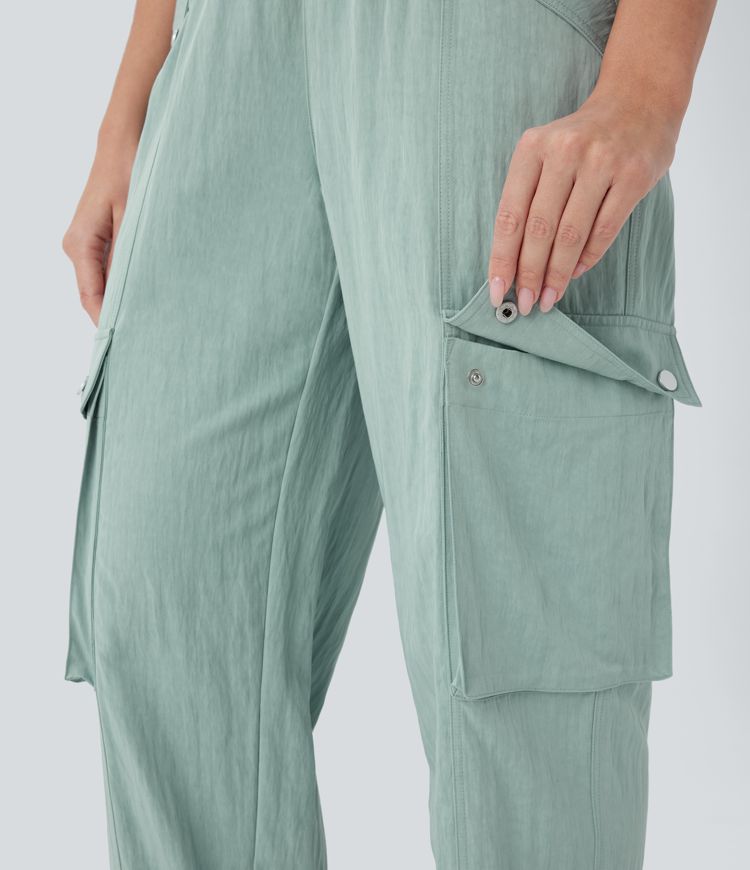 Mid Rise Pockets Drawstring Hem Cargo Casual Pants