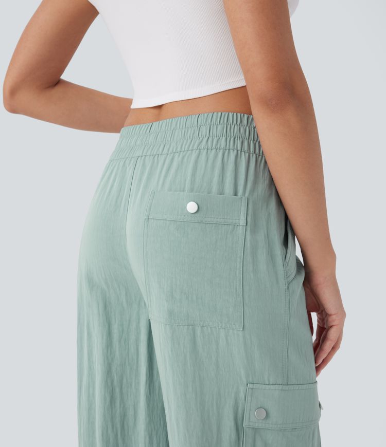 Mid Rise Pockets Drawstring Hem Cargo Casual Pants