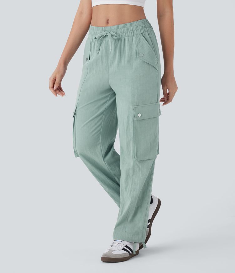 Pantalón cargo tiro medio múltiple bolsillo dobladillo cordón