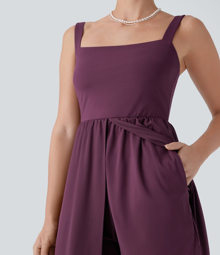 Breezeful™ Square Neck Backless 2-in-1 Side Pocket Split Flowy Quick Dry Bridesmaid and Wedding Guest Jumpsuit