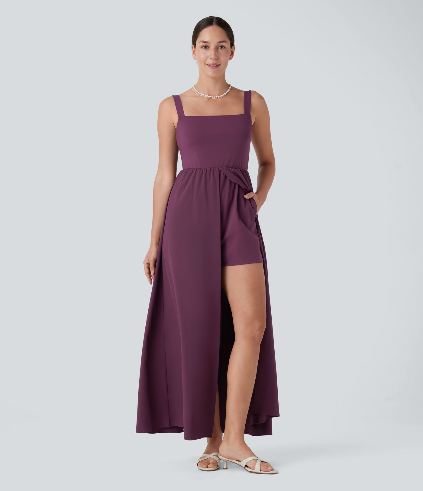 Breezeful™ Square Neck Backless 2-in-1 Side Pocket Split Flowy Quick Dry Bridesmaid and Wedding Guest Jumpsuit