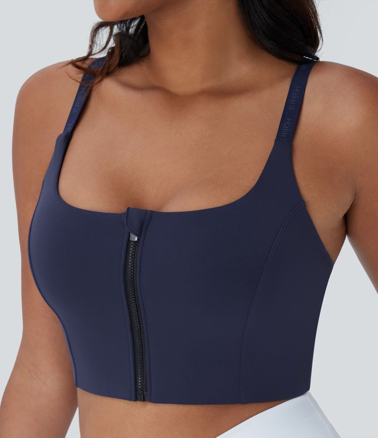 Brassière de sport dos nu pour yoga Softlyzero™ à maintien léger avec bretelles croisées ajustables, zip et protection solaire UPF50+