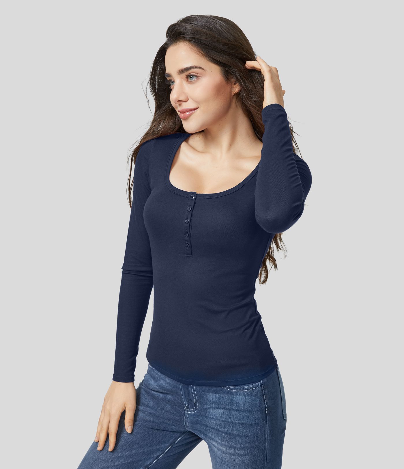 Ribbed, long-sleeved, slim-fitting top with a Henley neckline