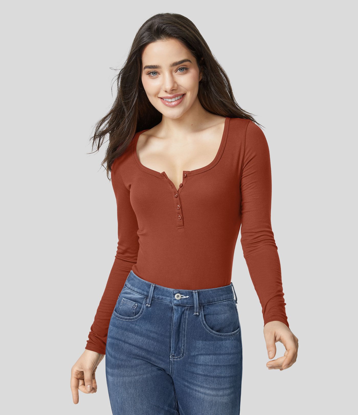 Haut décontracté slim côtelé à manches longues et col Henley