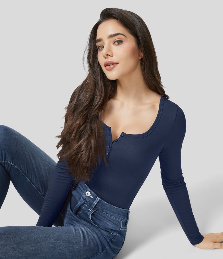 Ribbed, long-sleeved, slim-fitting top with a Henley neckline