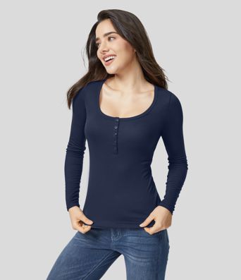 Ribbed, long-sleeved, slim-fitting top with a Henley neckline