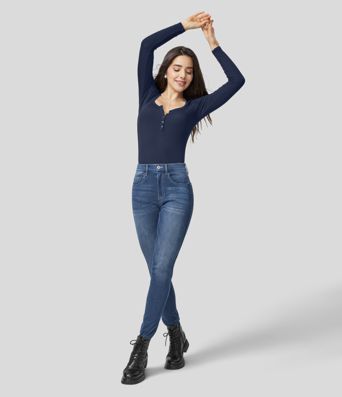 Ribbed, long-sleeved, slim-fitting top with a Henley neckline