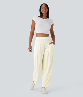 Gerippte, hochsitzende Arbeitshose mit Taschen und weitem Beinschnitt