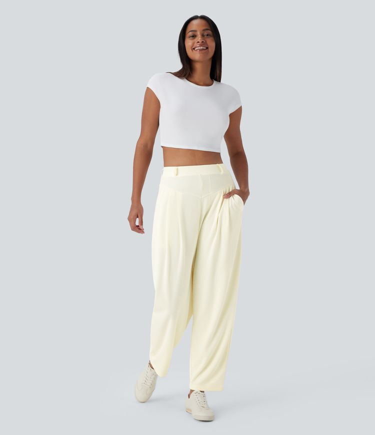 Gerippte, hochsitzende Arbeitshose mit Taschen und weitem Beinschnitt