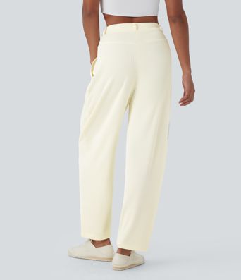 Gerippte, hochsitzende Arbeitshose mit Taschen und weitem Beinschnitt