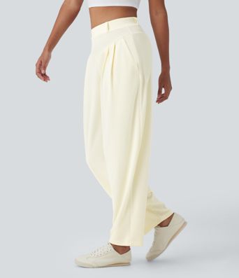 Gerippte, hochsitzende Arbeitshose mit Taschen und weitem Beinschnitt