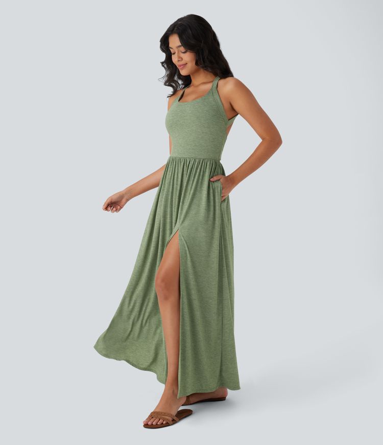 Backless Twisted Side Pocket Split Flowy Maxi Resort Dress