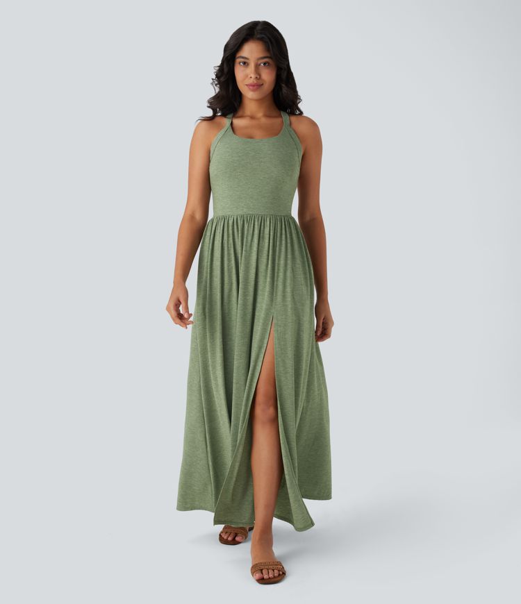 Backless Twisted Side Pocket Split Flowy Maxi Resort Dress