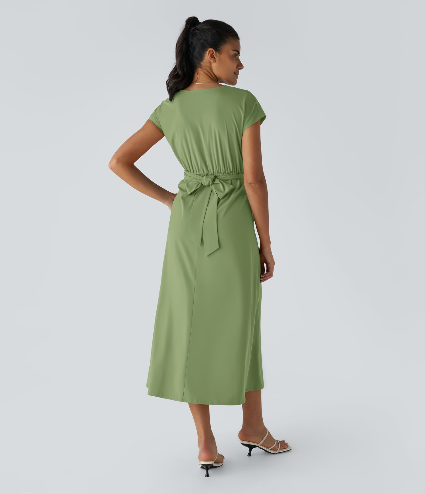 Breezeful™ V Neck Short Sleeve Side Pocket Tie Back Quick Dry Midi Casual Dress-Longer Length