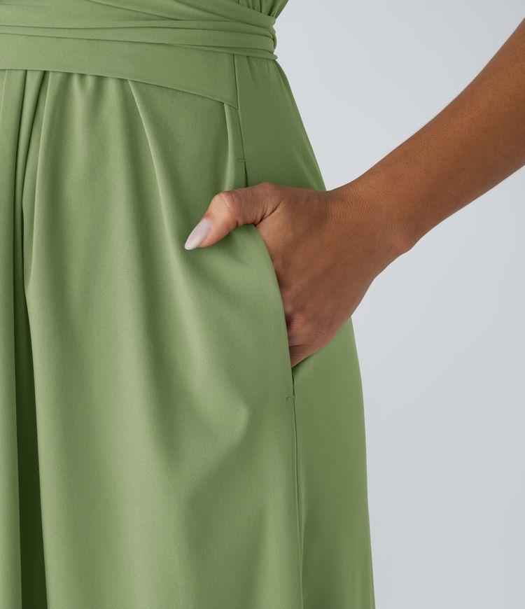 Breezeful™ V Neck Short Sleeve Side Pocket Tie Back Quick Dry Midi Casual Dress-Longer Length