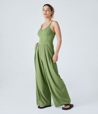 Breezeful™ Backless Side Invisible Zipper Pocket Wide Leg Quick Dry Resort Slip Jumpsuit
