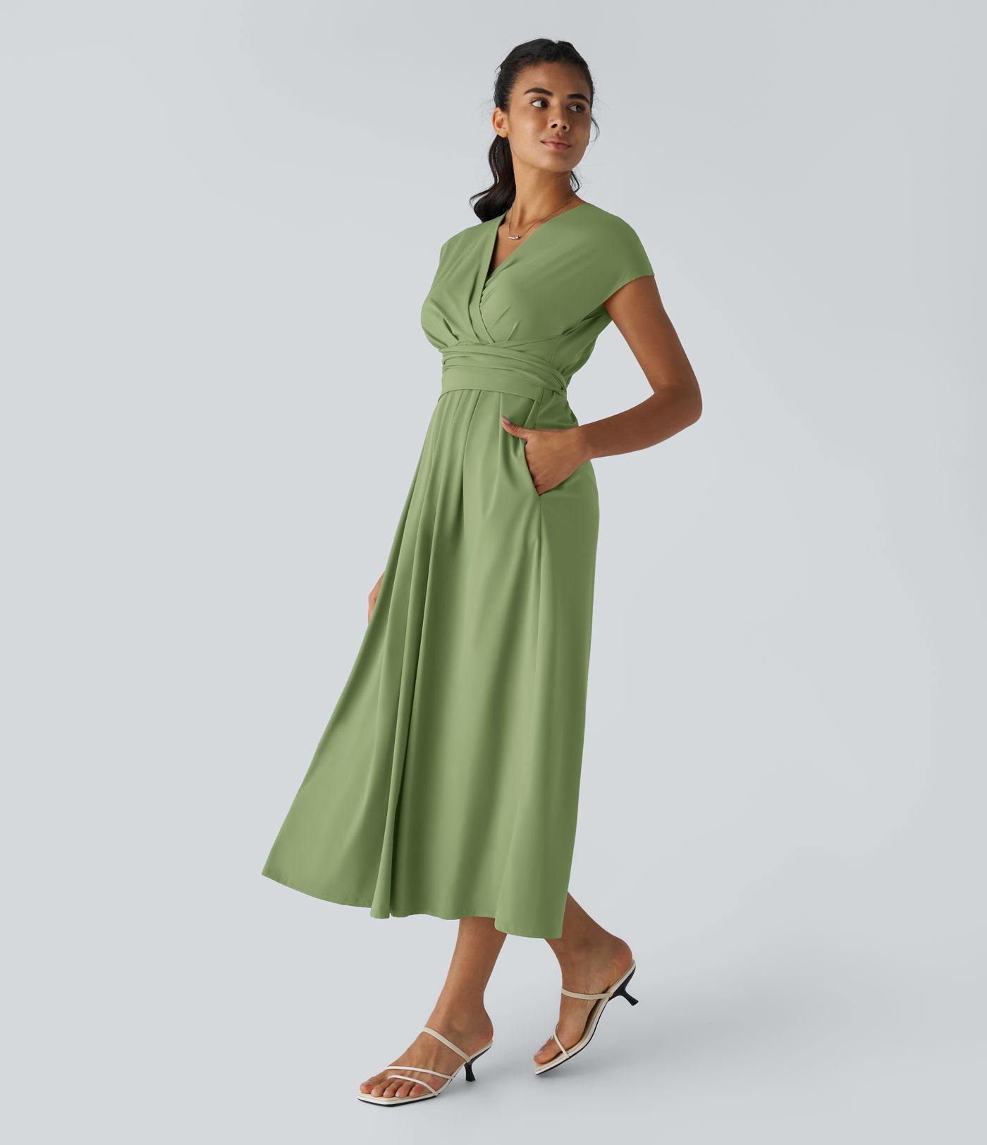 Breezeful™ V Neck Short Sleeve Side Pocket Tie Back Quick Dry Midi Casual Dress-Longer Length