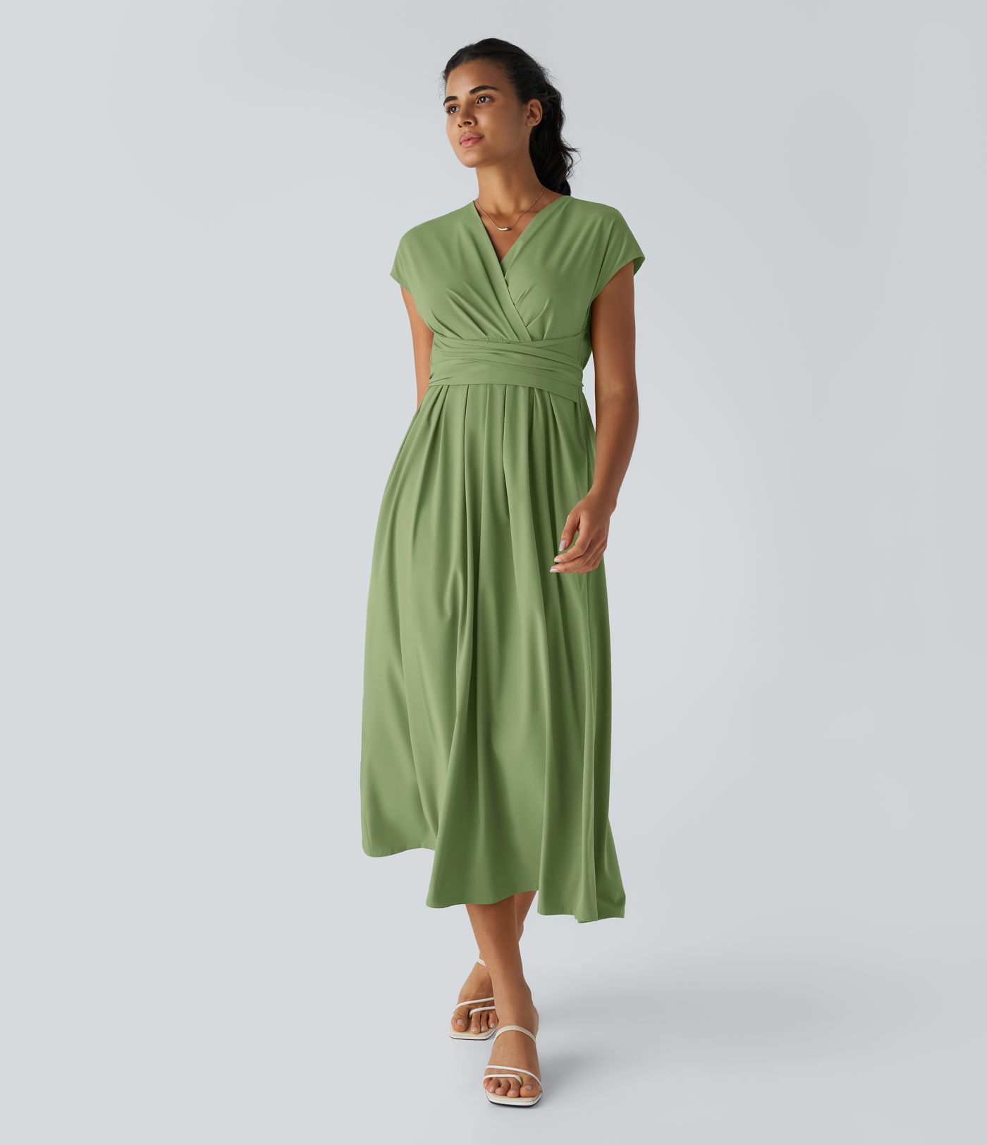 Breezeful™ V Neck Short Sleeve Side Pocket Tie Back Quick Dry Midi Casual Dress-Longer Length