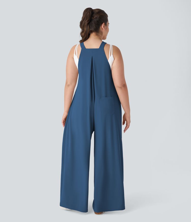 Adjustable Strap Button Multiple Pockets Plicated Waffle Casual Plus Size Overalls