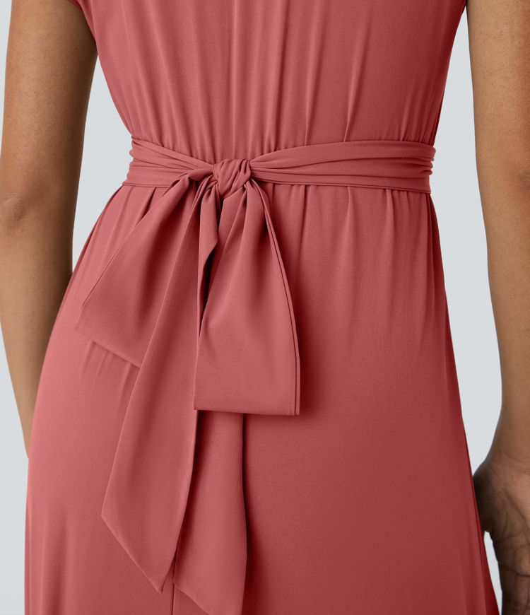 Breezeful™ Robe Casual Mi-Longue Col en V Manches Courtes Poche Latérale Nouée au Dos Séchage Rapide