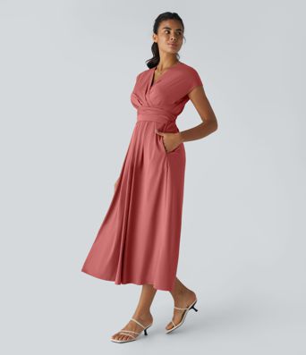 Breezeful™ Robe Casual Mi-Longue Col en V Manches Courtes Poche Latérale Nouée au Dos Séchage Rapide