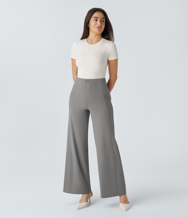 Pantalón  oficina pierna ancha bolsillo trasero botón decorativo tiro alto