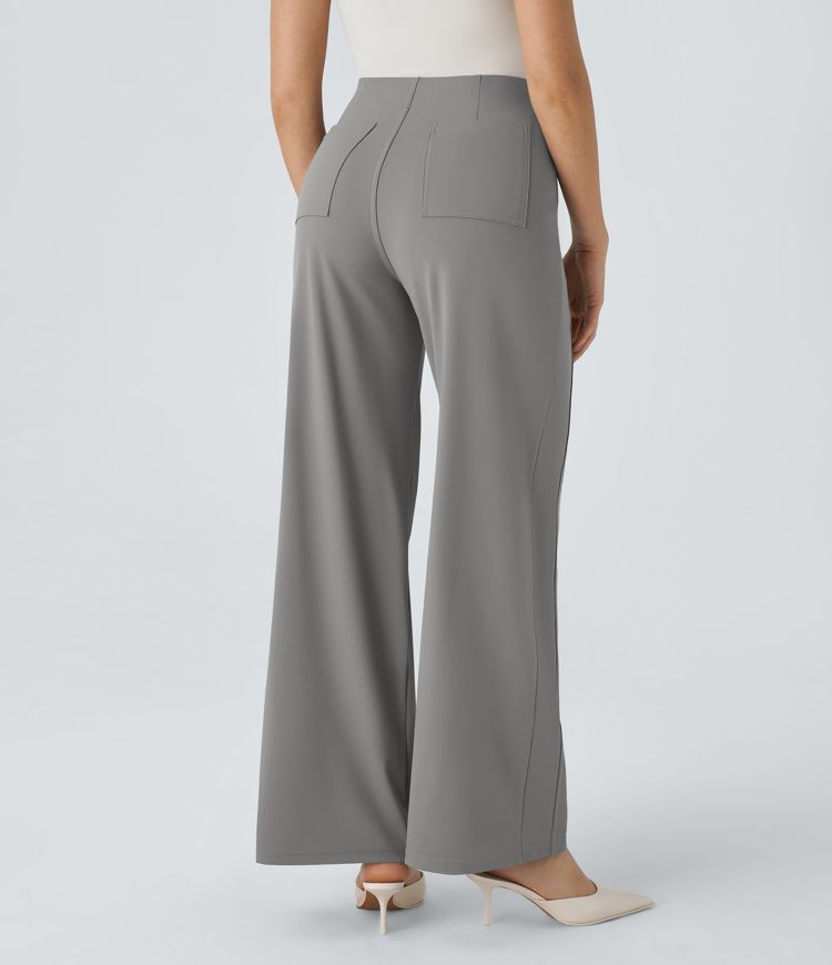 Pantalón  oficina pierna ancha bolsillo trasero botón decorativo tiro alto