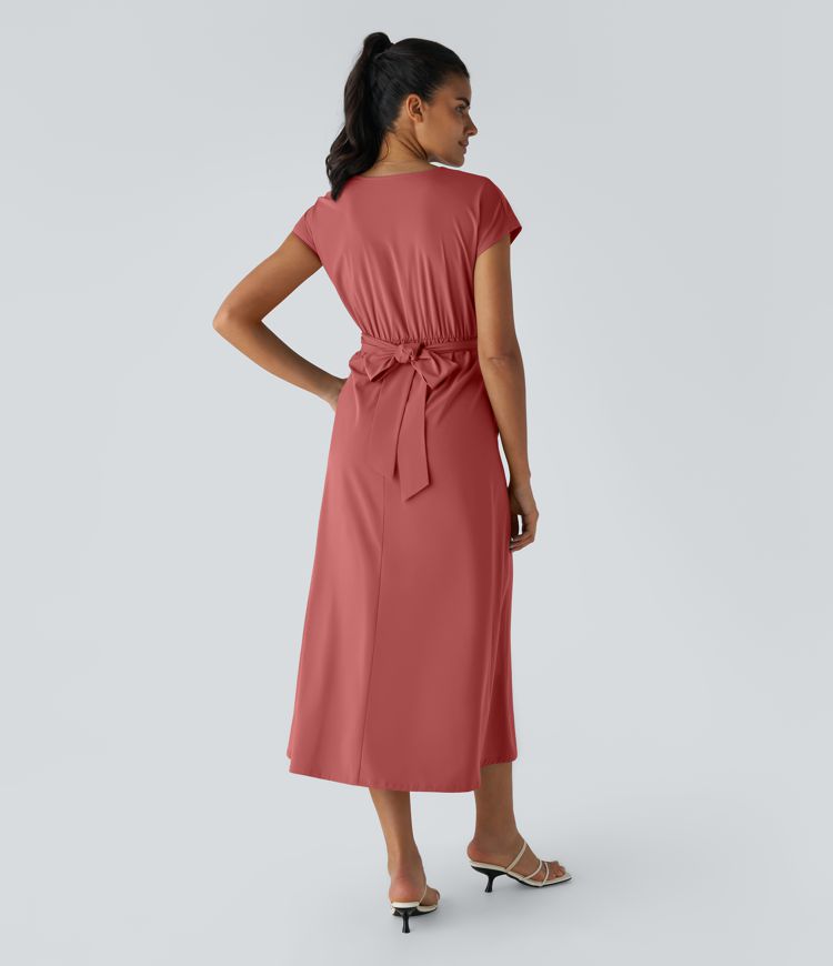Breezeful™ V Neck Short Sleeve Side Pocket Tie Back Quick Dry Midi Casual Dress-Longer Length