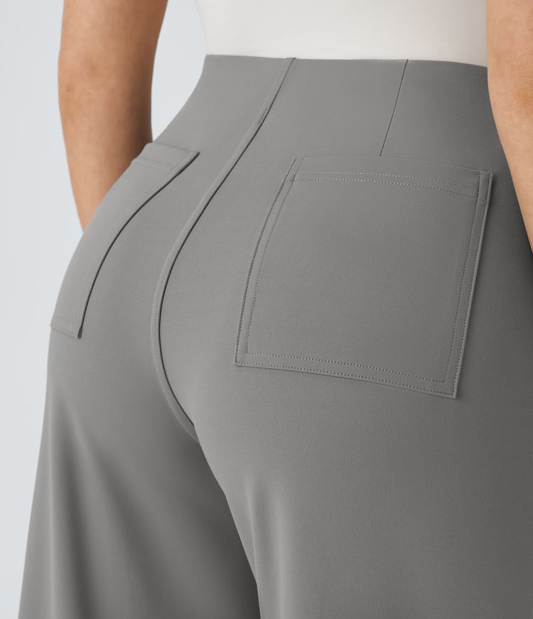 Pantalón  oficina pierna ancha bolsillo trasero botón decorativo tiro alto