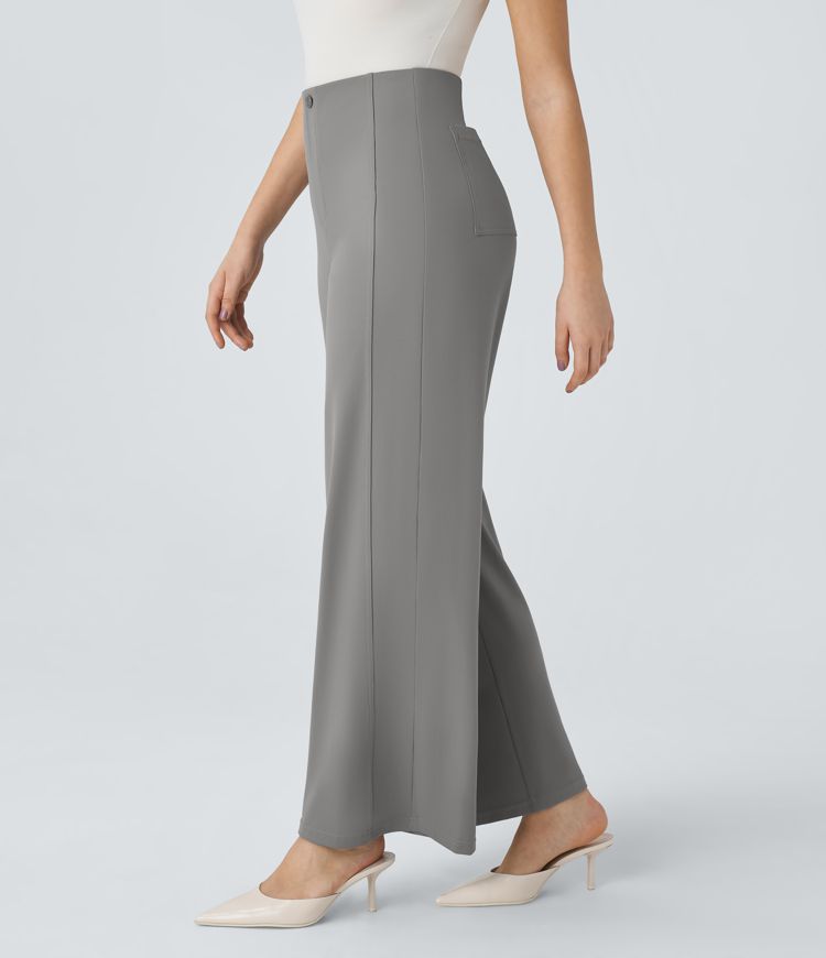 Pantalón  oficina pierna ancha bolsillo trasero botón decorativo tiro alto