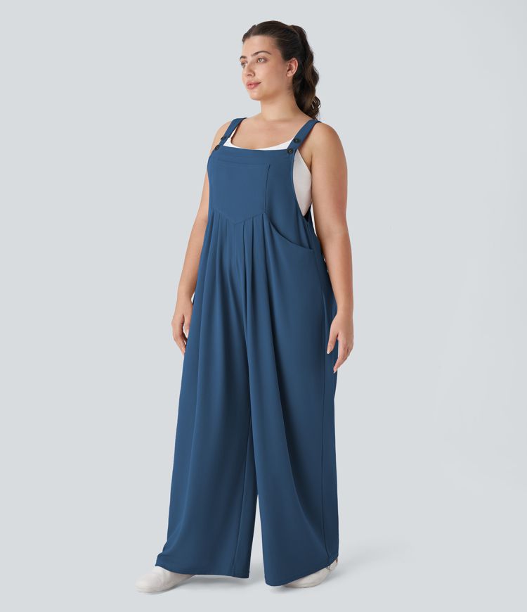 Adjustable Strap Button Multiple Pockets Plicated Waffle Casual Plus Size Overalls