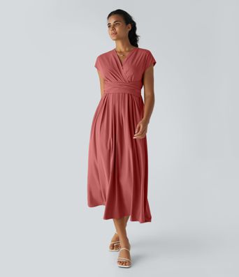 Breezeful™ Robe Casual Mi-Longue Col en V Manches Courtes Poche Latérale Nouée au Dos Séchage Rapide