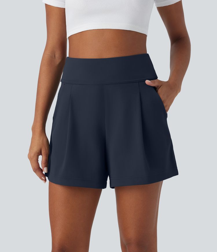Short Travail Taille Haute Plissé Poches Latérales Jambes Larges