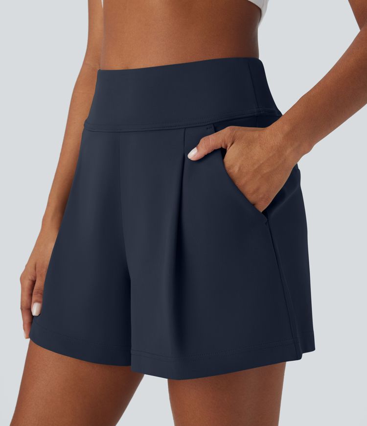 High Waisted Side Pocket Wide Leg Work Shorts
