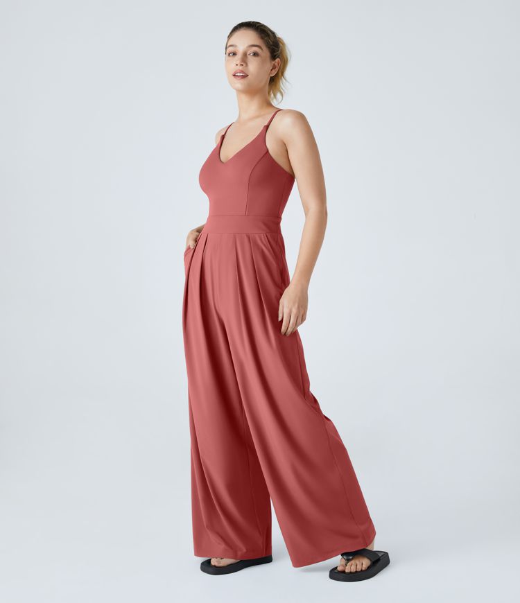 Breezeful™ Backless Side Invisible Zipper Pocket Wide Leg Quick Dry Resort Slip Jumpsuit